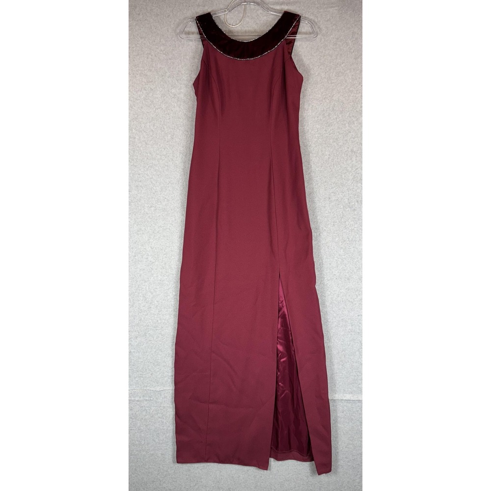 NewImage‎ Dress Womens Size 8 Burgundy Velvet Trim Rhinestone Slit Maxi Gown USA